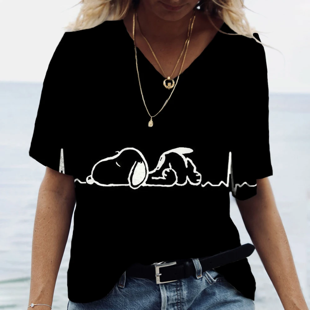 Fashion T Shirt For Women Snoopy cartoon print Short Sleeve Tops Casual V-neck Women's T-shirts Oversized Harajuku Tees Clothing