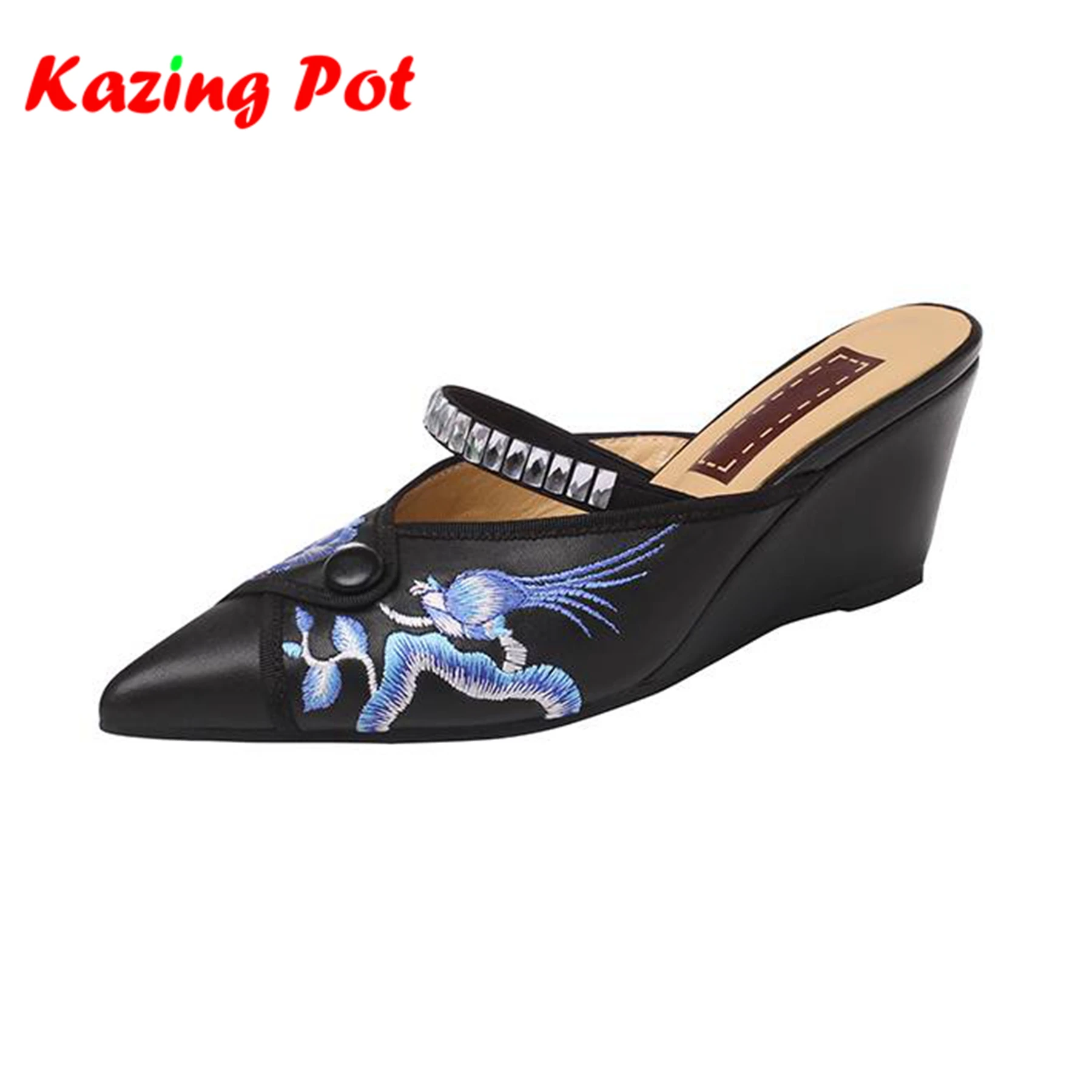 

Krazing Pot Genuine Leather Prints Pointed Toe Wedges Heels Street Wear Summer Slip On Embroidery Flowers Patterns Women Pumps