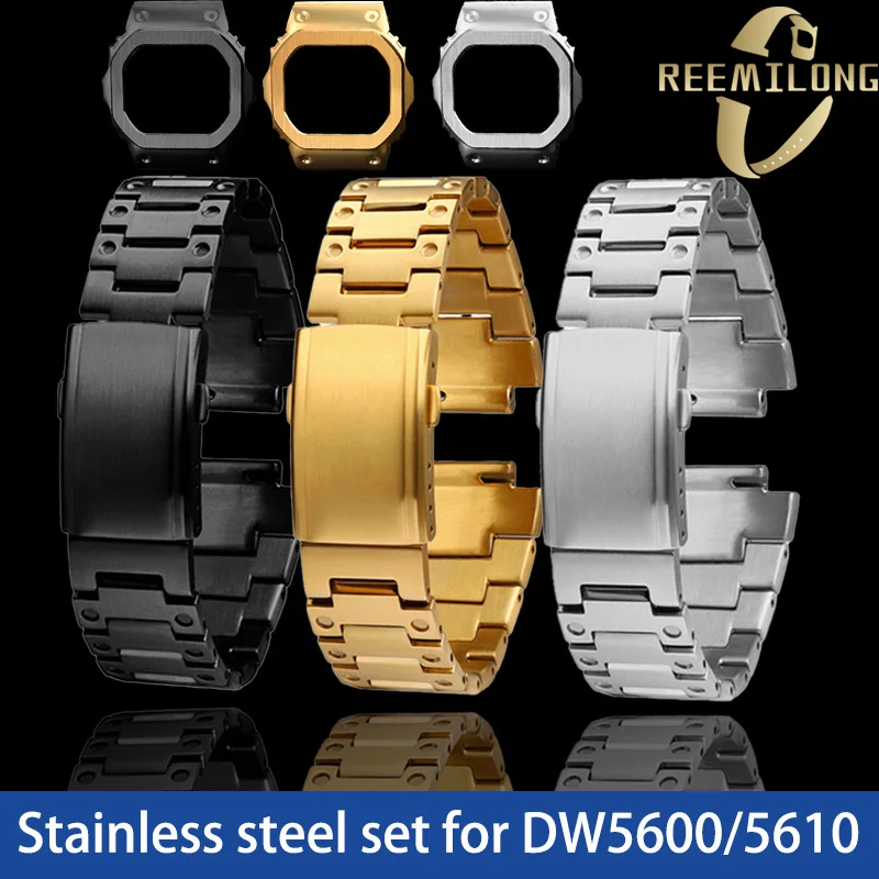 Stainless steel watchstrap set High quality refined metal men silver gold black watchband set strap case For CASIO DW5600 DW5610