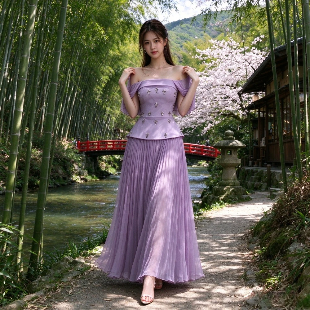 Customized Chiffon Bead Off Shoulder Evening Dress 2026 Dignified Chiffon Purple Pleated A-line Ball Gown Suitable for Parties