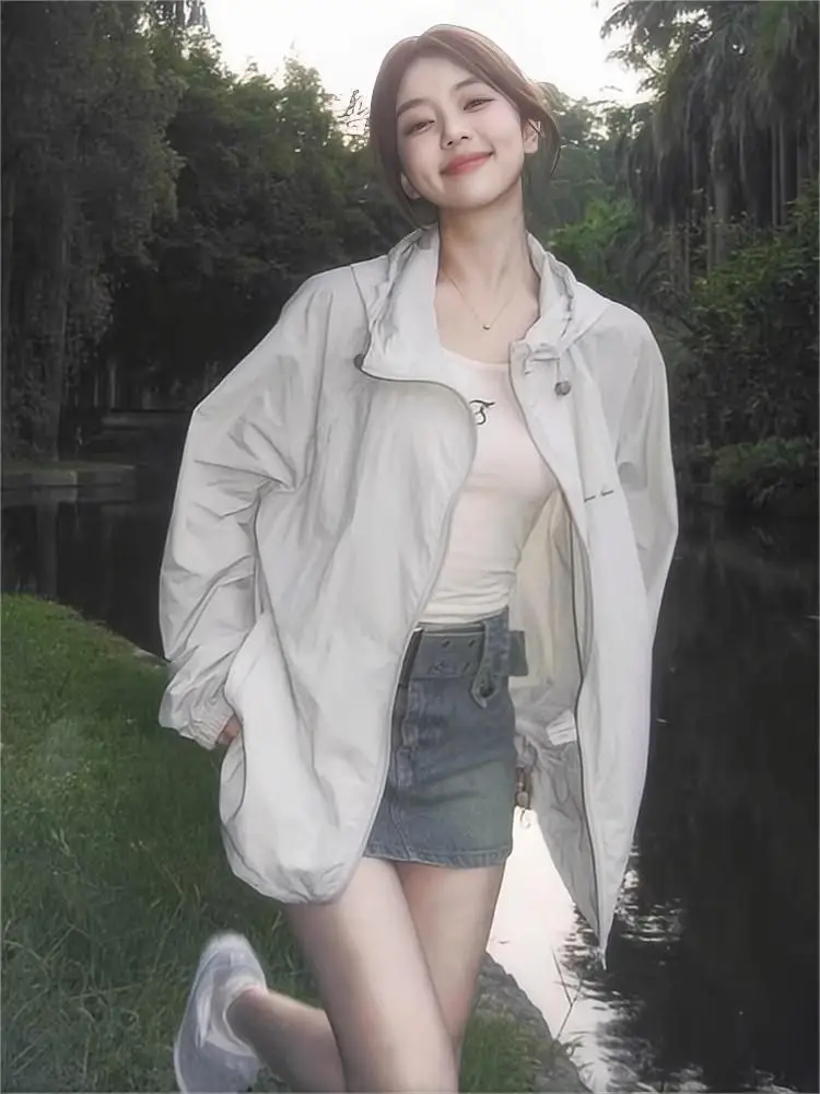 

Hooded Jackets Women Thin Sun Protection Solid All-match Fashion Loose Zippers Cozy Breathable Coats Chic Streetwear Casual New