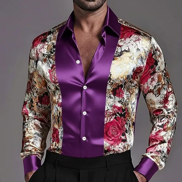 Men's Fashion New Design Printed Rose Men's Printed Rose Satin Shirt Long Sleeve Retro Holiday Wear Collar Button Shirt