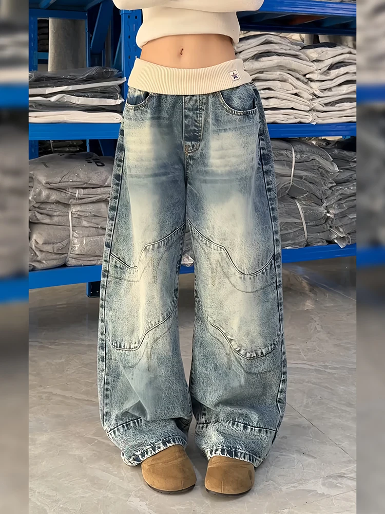 

Джинсы женские в американском стиле «Spicy Girl» с завышенной талией, винтажные, износостойкие, с эффектом потертости, длиной в пол