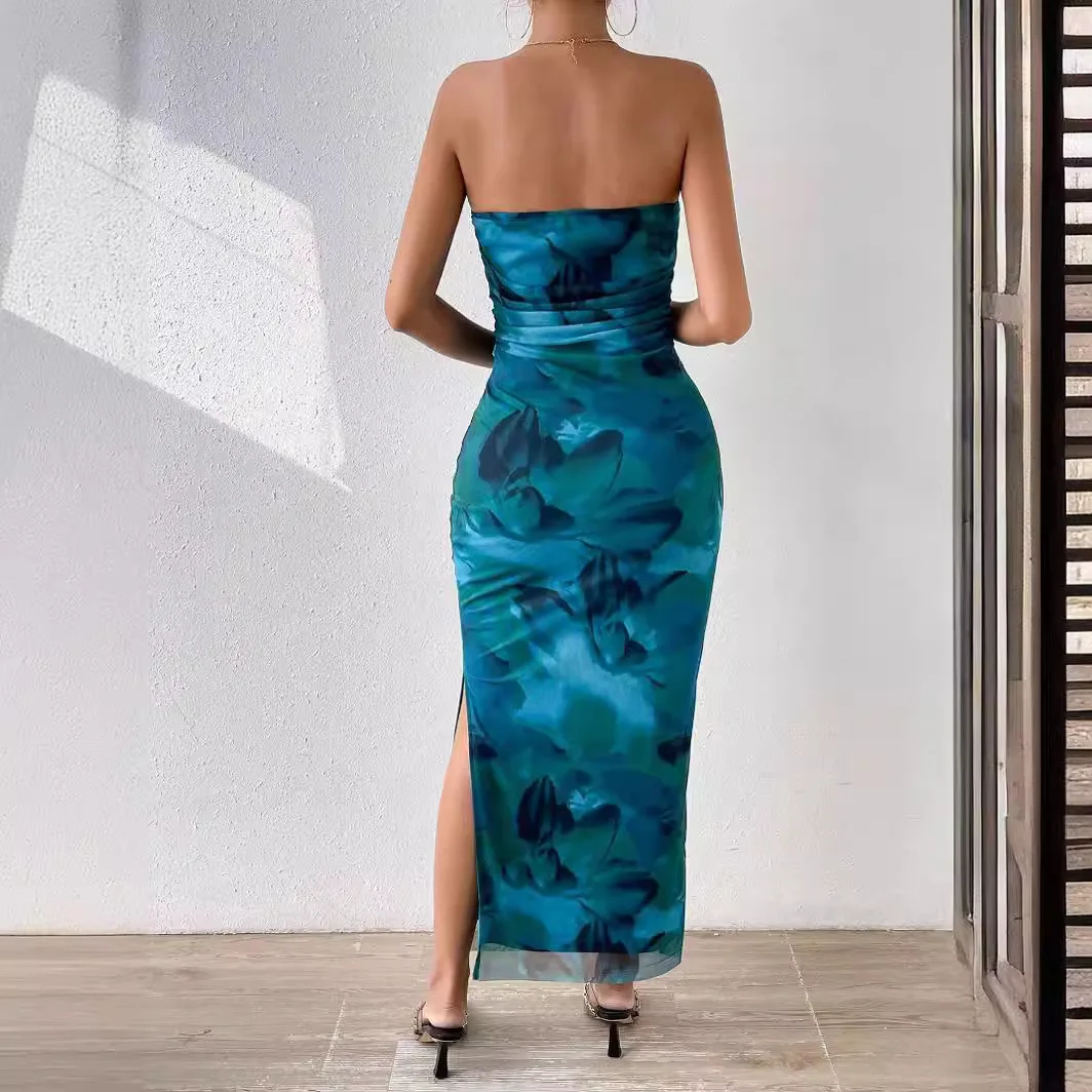 Sexy dentelle florale longue Dr robe sans bretelles taille haute Fi queue jupe sans sangle d'épaule milieu de la vie femmes Cleanfit Polyester Dr