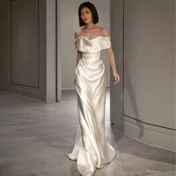 Simple Mermaid Satin White Wedding Dress Off The Shoulder Plain Bridal Gown Strapless Sexy Backless Sweep Train 2026 Customized