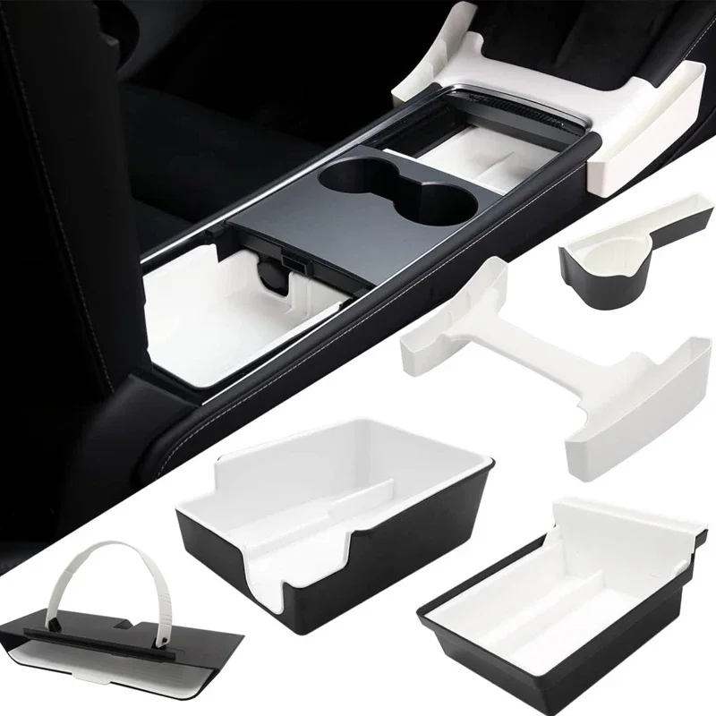 White Storage Box for Tesla Model 3 Y TPE+ABS Double Layered Dashboard Screen Armrest Central Control Boxes Interior Access