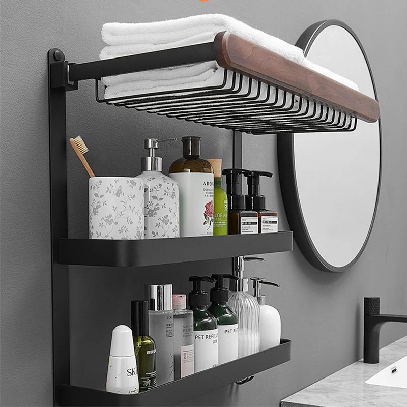 Towel Rack 30-50 CM Folding Holder With Hook Bathroom Accessories Wall Mount Rail Shower Hanger Aluminum Bar Matte Black Shelf