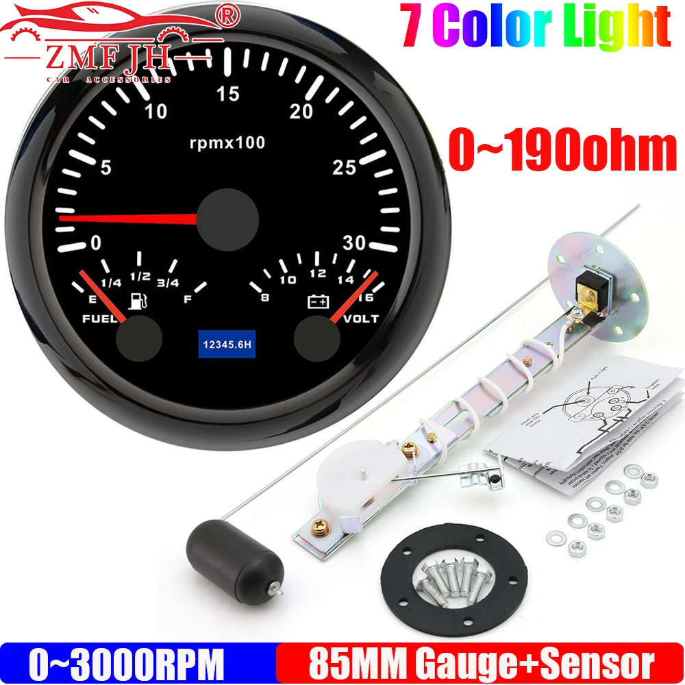 

ZMFJH 7 Color LED 3000-8000RPM 85MM Tachometer+Fuel Level+Voltage with Oil Float Sensor 0-190ohm for Marine Boat Yacht Car Auto