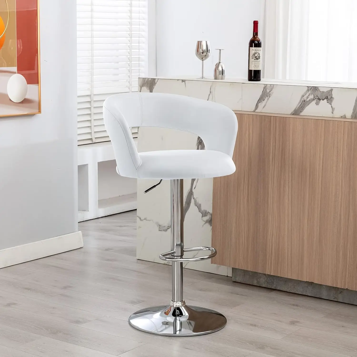 

Wide Bar Stool, Modern PU Leather Swivel Adjustable Barstool with Hollow Back and Arms, Upholstered Counter Height Bar Chair