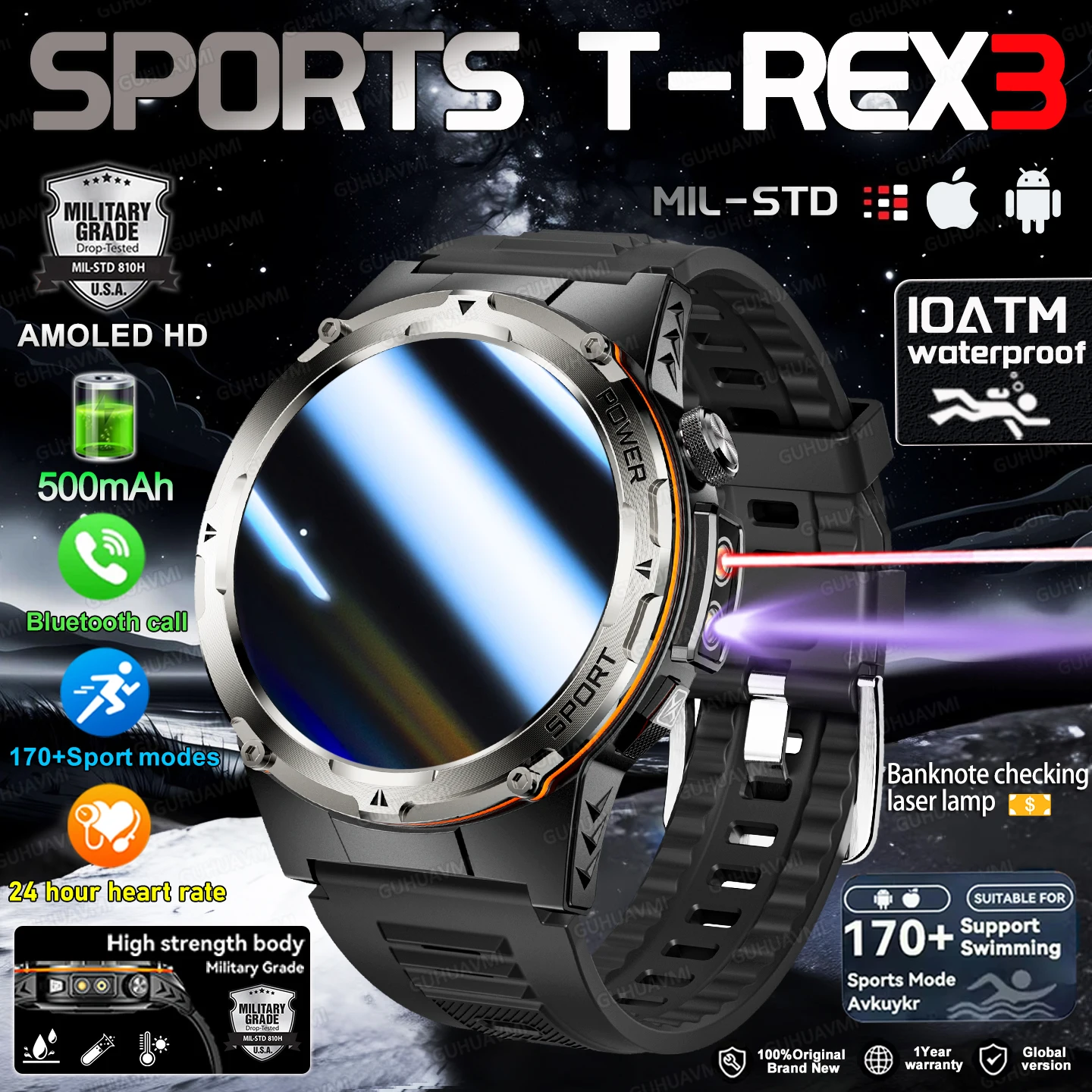 

2025 HOT New TREX3 Military Smart watch Fitness Men 170+ Sports Mode 10ATM Waterproof Built-in HD Call Watch Infrare check watch