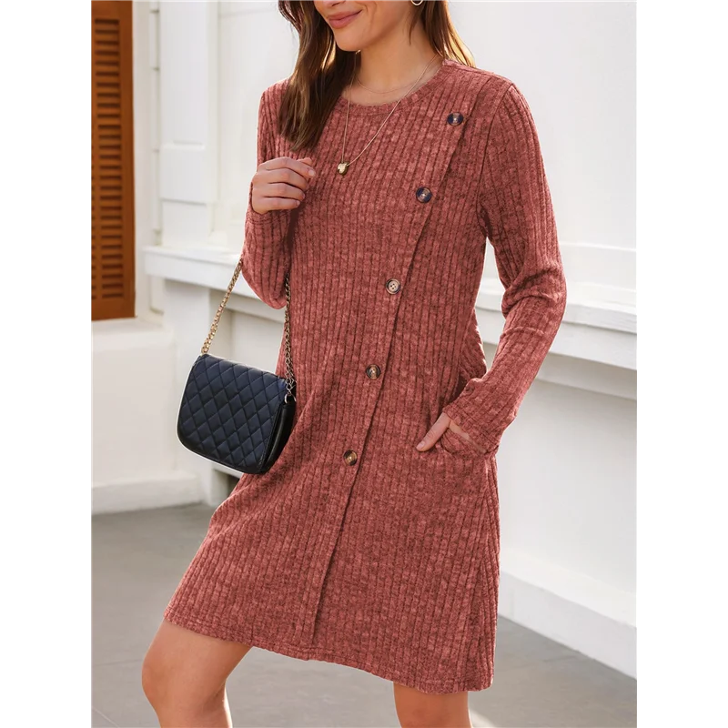 ABP-Long Sleeve Dress For Women Tunic Sweater Dresses With Pockets Fashion Buttons Side