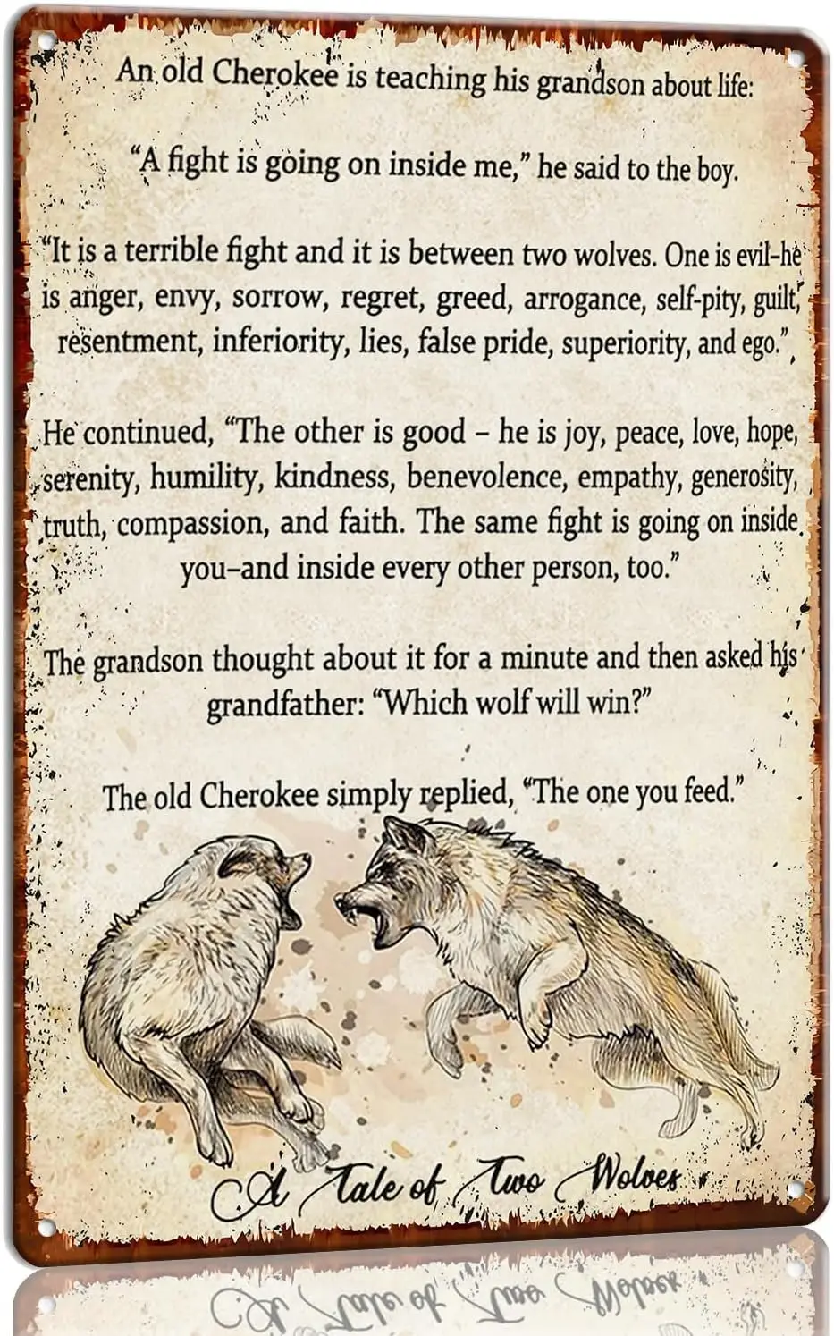 The Tale of Two Wolves Wall Art Metal Sign Inspirational Quote Poster Decor Pictures for Baby Room Wall Painting for Bathroom Mo