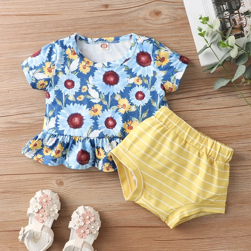 

Baby Girl Outfit 2 Pcs Sets Sunflower Print Ruffles Short Sleeve T-shirt Tops+striped Briefs Baby Girl Clothes Set Summer 0-18M