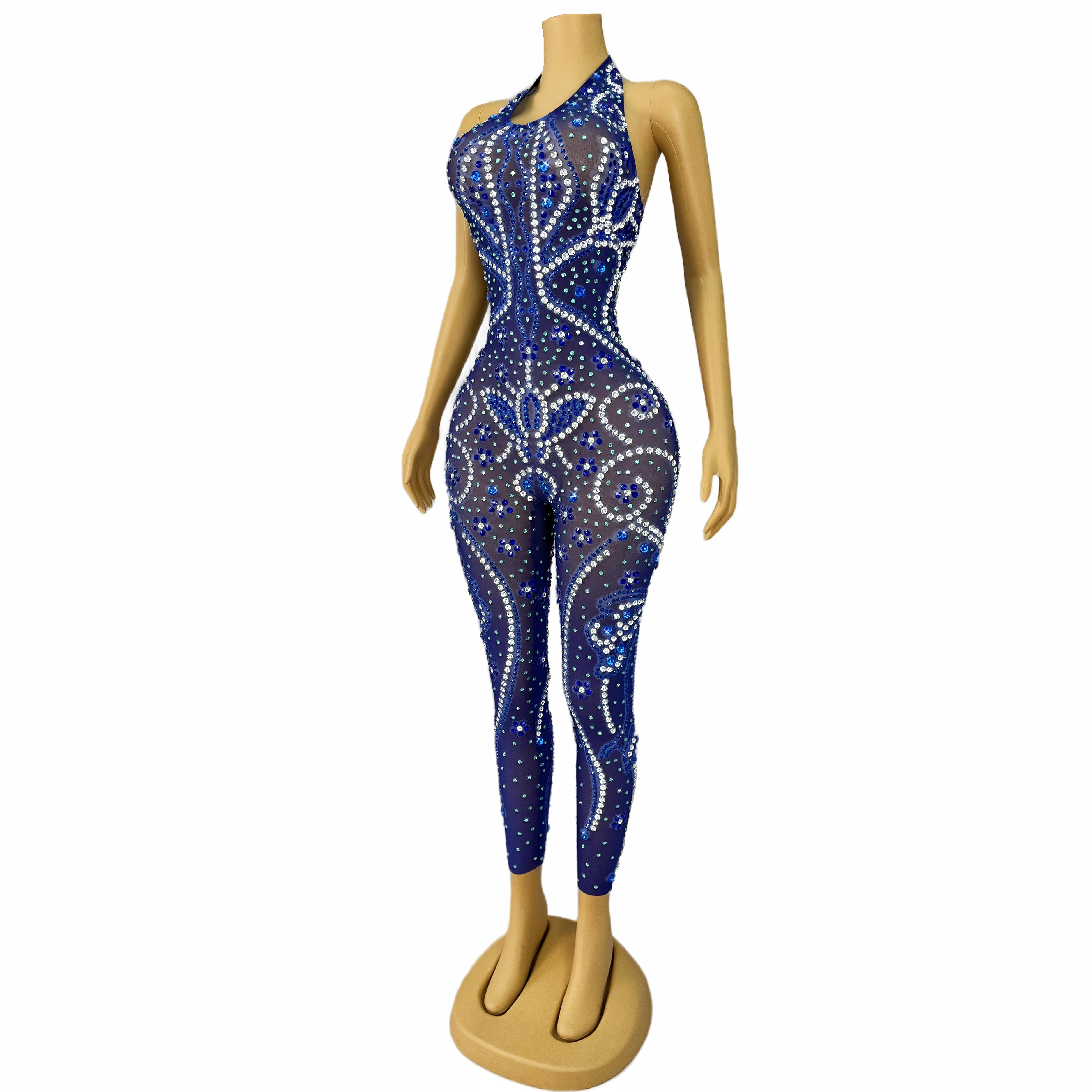 Special Perform Costumes Shining Blue Rhinestones Mesh BacklessJumpsuits Women Bar Party Singer Dancer Strech Bodysuit Hualianye