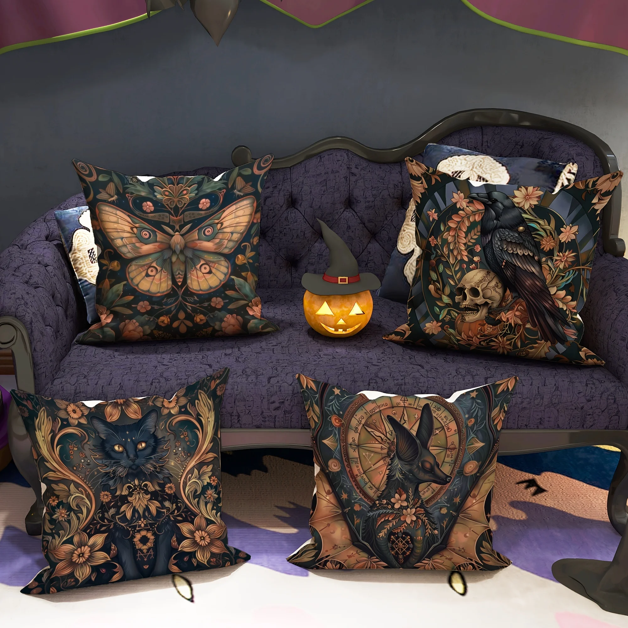 4Pcs Velvet Gothic Halloween Pillow Covers - Skull/Cat/Moth/Raven Floral Print Zippered Cushion Covers for Living Room/Bedroom