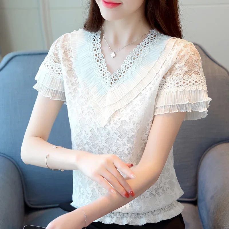 Summer Women Blouse Shirt Short Sleeve Ruffles V-Neck Lace Blouse Women Tops Women Blusas Mujer De Moda 2024 Blouses Femme F31