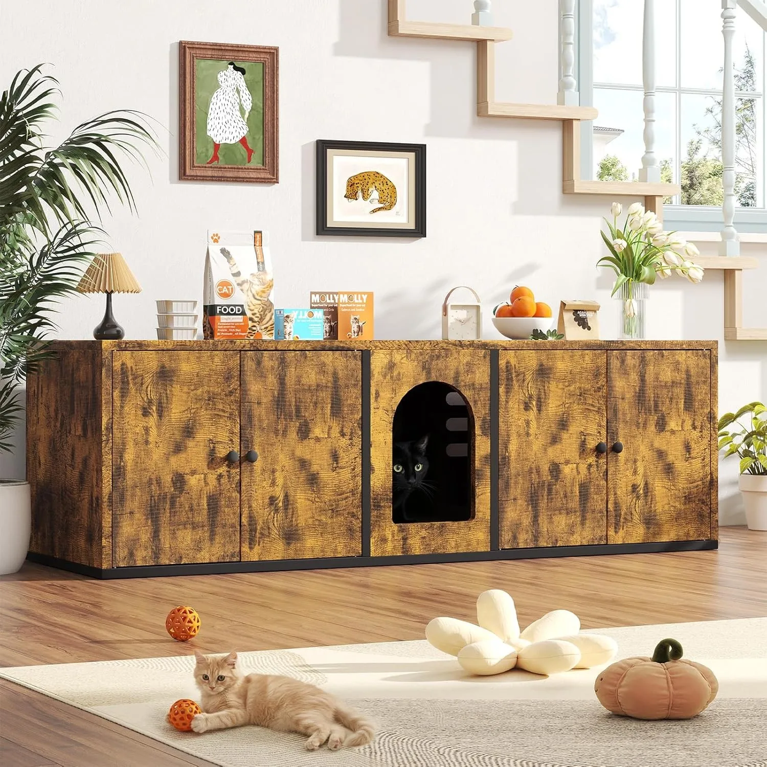 

Cat Litter Box Enclosure Furniture Hidden with Double Room and Storage Space