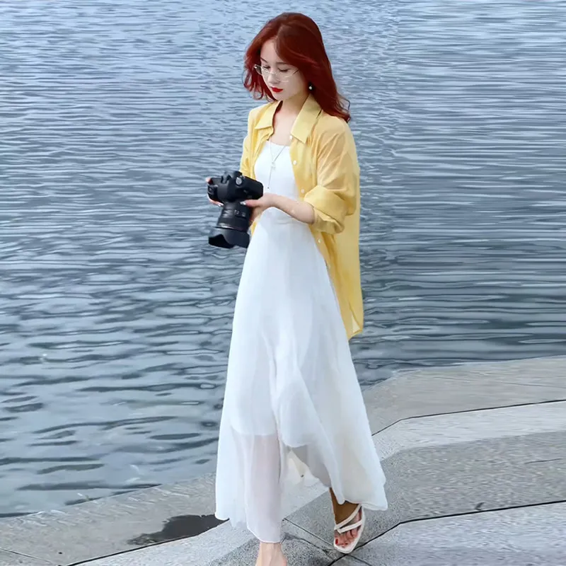 

Coastal Vacation Dress for Women Summer New Arrival Ice Silk Sun Protection Shirt Strappy Skirt Two-Piece Fashion Set