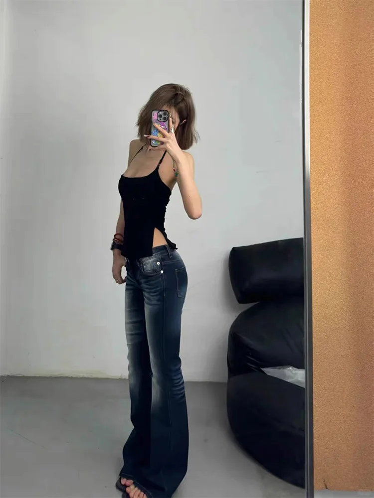 Damskie jeansy bootcut z niskim stanem, ocieplane, na jesień i zimę, proste nogawki, denim, styl amerykański, efekt pamięci kształtu, jednolity kolor.