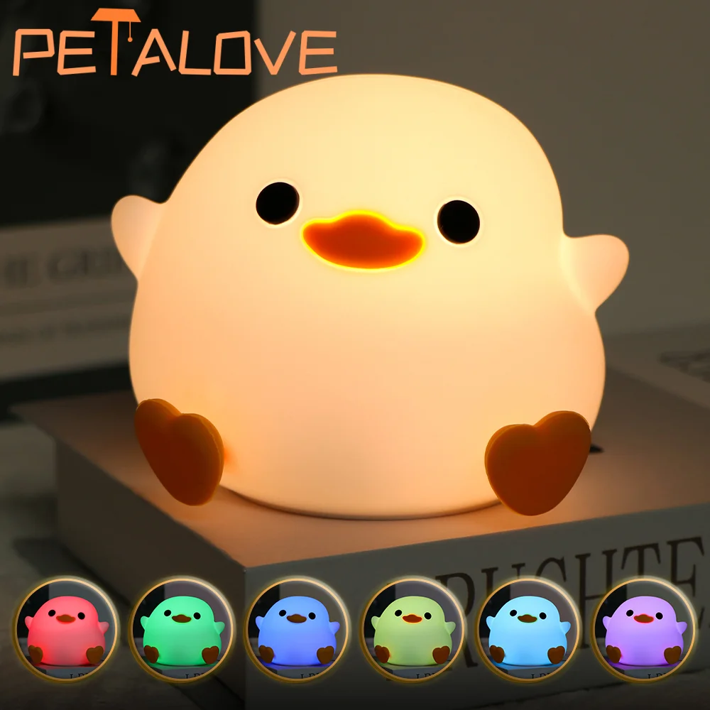 LED Night Light Cute Duck Cartoon Animals Decor Silicone Lamp for Children Kid Touch Sensor Timing USB Rechargeable for Birthday