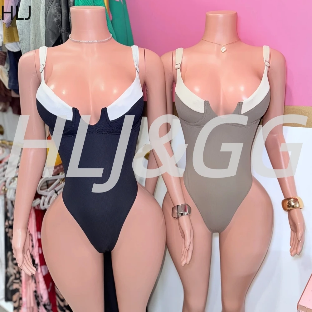 

HLJ сексуальные однотонные лоскутные облегающие цельные боди женские комбинезоны на тонких бретельках с v-образным вырезом без рукавов и открытой спиной модные комбинезоны