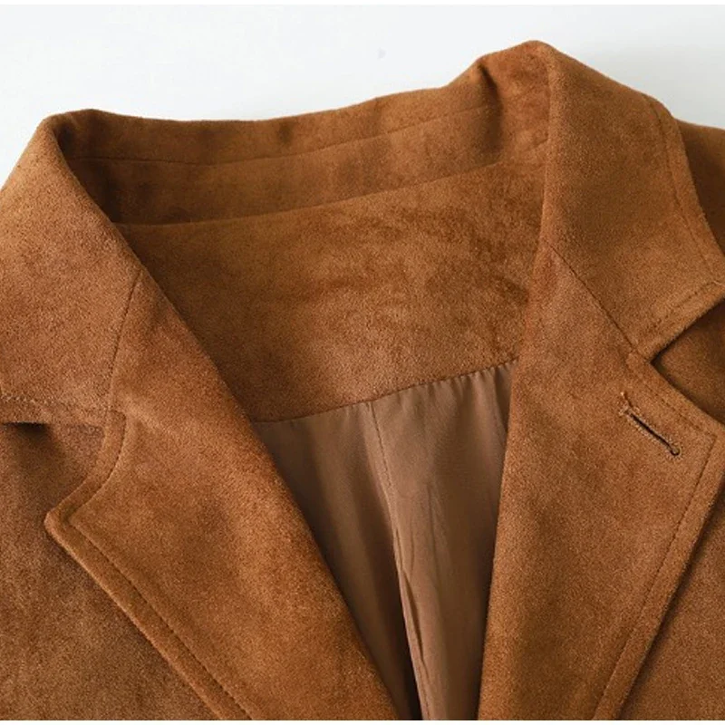 Brown Faux Suede Jacket Women Fall Oversized Blazer 2024 Autumn Lapel Pockets Coat Office Top Lady Elegant Street New In Outwear