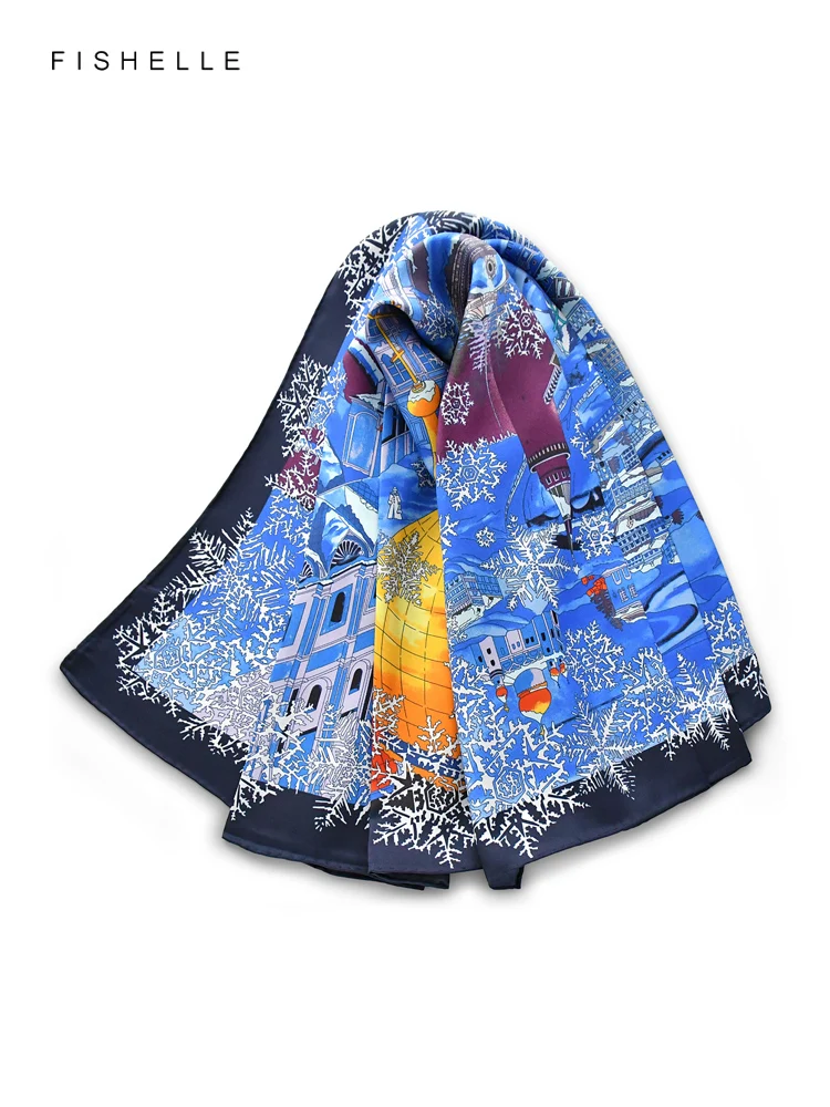 Blue snow church 100% natural silk scarf square head scarves twill luxury gift women wrap bandana hijab shawl lady neckerchief