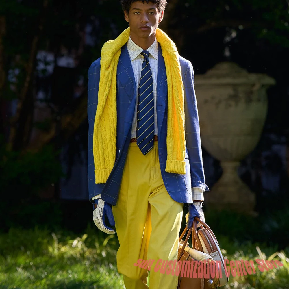 

Men's Blue Checkered Jacket+Yellow Pants Set Preppy Style Two-Piece Suit Smart Casual Formal Outfit for Daily Streetwear