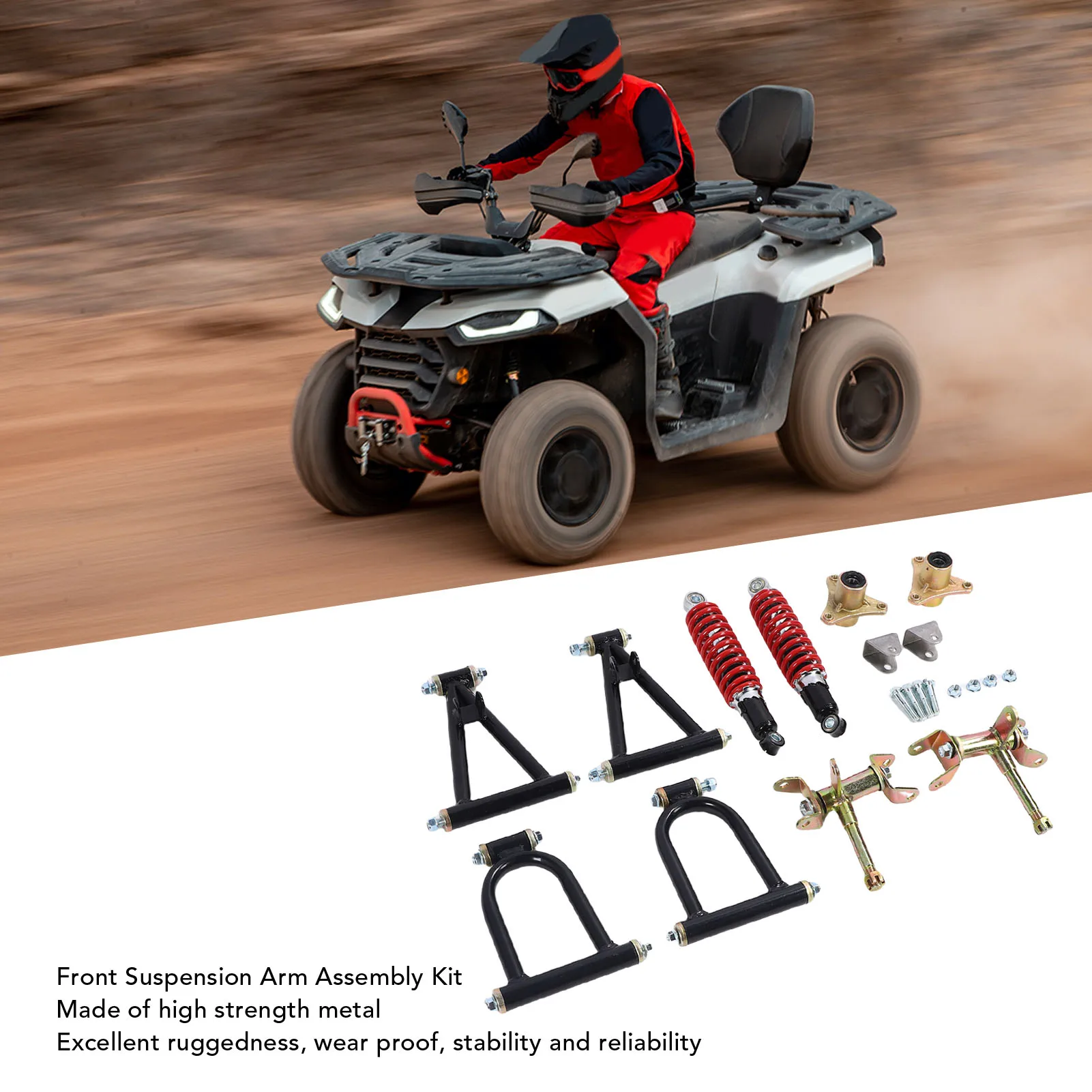 Front Suspension Arm Kit High Strength Enhanced Stability Comfort Upper and Lower Swingarm and Suspension Shock Kit for ATV Quad