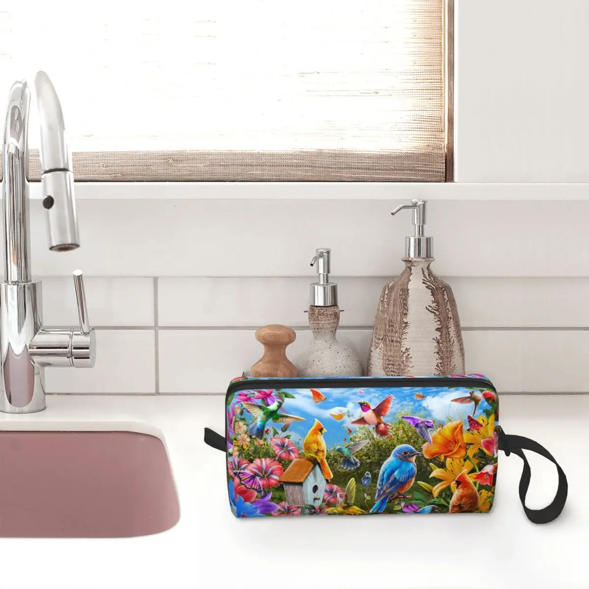 Custom Fashion Birds And Flowers Travel Toiletry Bag for Women Makeup Cosmetic Bag Beauty Storage Dopp Kit