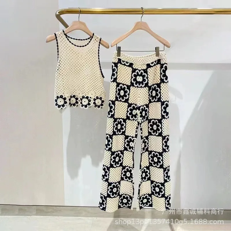 

Retro Fashion Suit High Waist Skirts Vacation Two-piece Set Women's Contrasting Color Splicing Hollow Loose and Thin Suspender