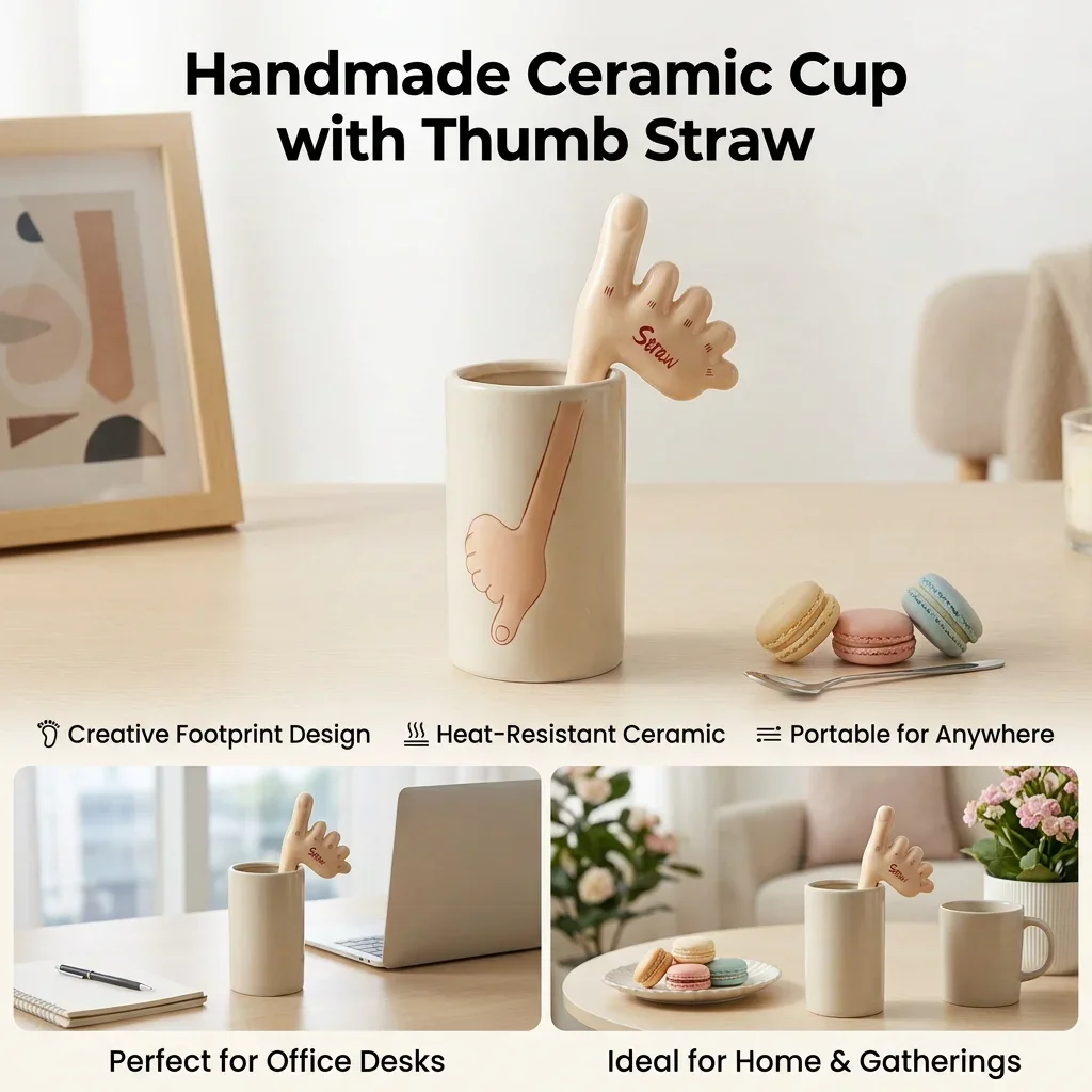 Ceramic Coffee Cup Handmade Thumb Straw Mug Heat Resistant Tumbler for Office Home Tea Gift Durable and Portable