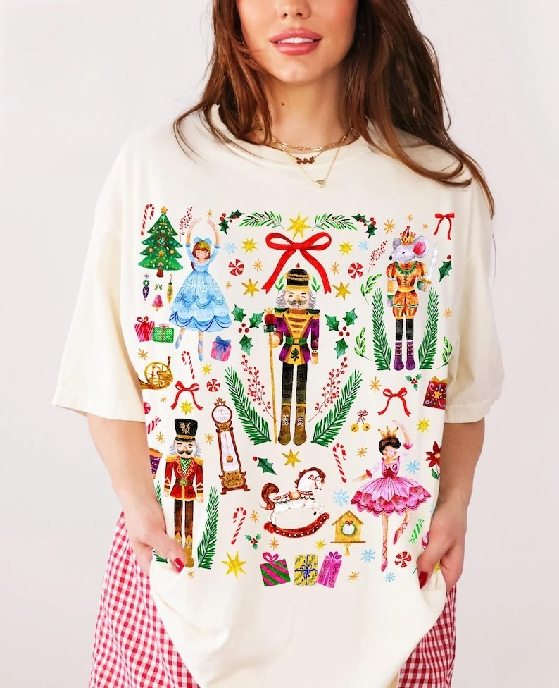 Noël Vintage casse-noisette femmes Cottagecore vacances beaux coton t-shirt drôle Style décontracté col rond manches courtes régulières