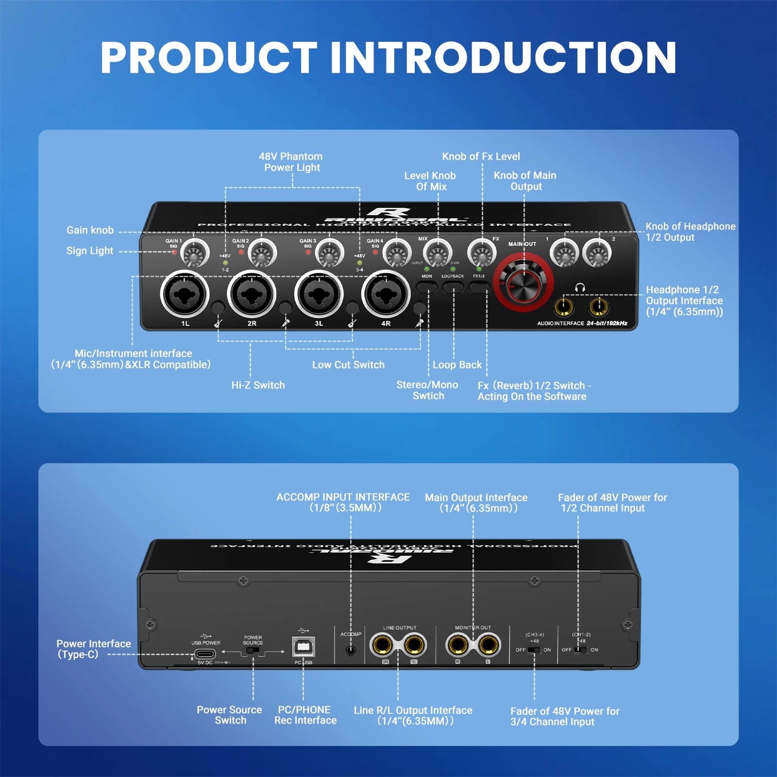 USB Audio Interface for PC, 2i2 Computer Audio Interface for Recording Music, Portable Interfaz de Audio Mixer for Studio Beginn