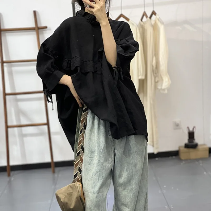 Women Mori Style Linen Blouse Ruffled Collar Patchwork Loose Lazy Long Sleeve Casual Shirt
