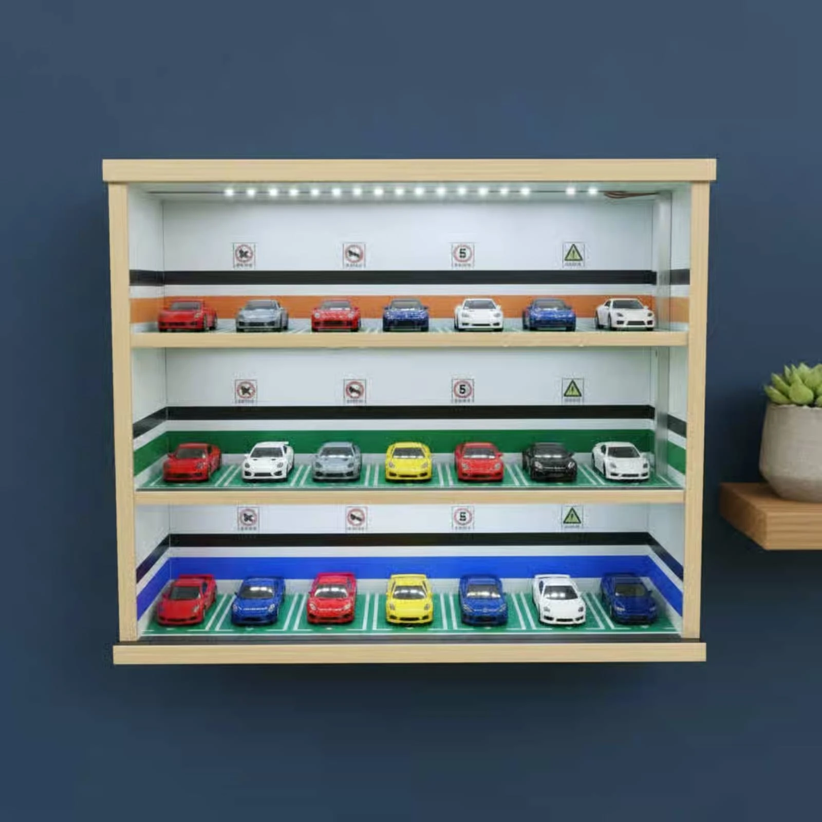 

Model Car Display Case Three-Tier Parking Display Cabinet Model Parking Cabinet Illuminated Mini Car Showcase Wooden Frame
