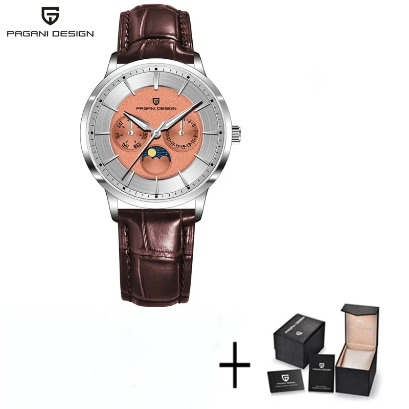 Pagani Design PD1795 Men's Quartz Watch Orange Dial Moon Phase Calendar Week Display Brown Leather Strap Waterproof Business Dre