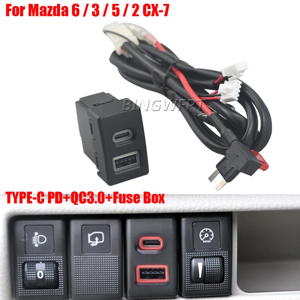 1PC Red Light TYPE-C PD USB Charging Outlet Power Adapter With Fuse Power Source Car Charger Socket For Mazda 6/3/5/2 CX-7