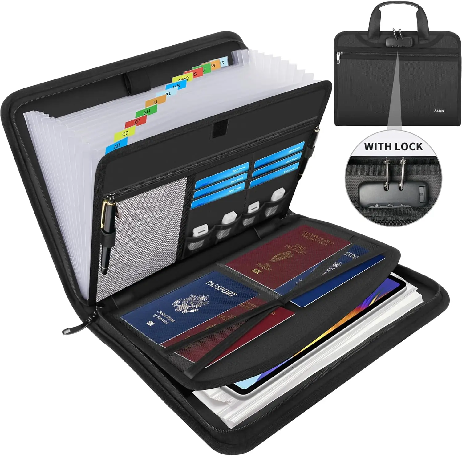 

Fireproof Accordion File Organizer with Lock, 13 Pockets Expanding Folder Binder for Business Travel Documents