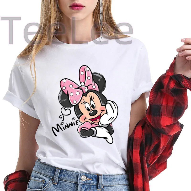 White Basic Cartoon Minnie Mouse Women's T-shirt Summer New Mickey T-shirt Casual Cute Manga T-shirt O Collar Women's Top