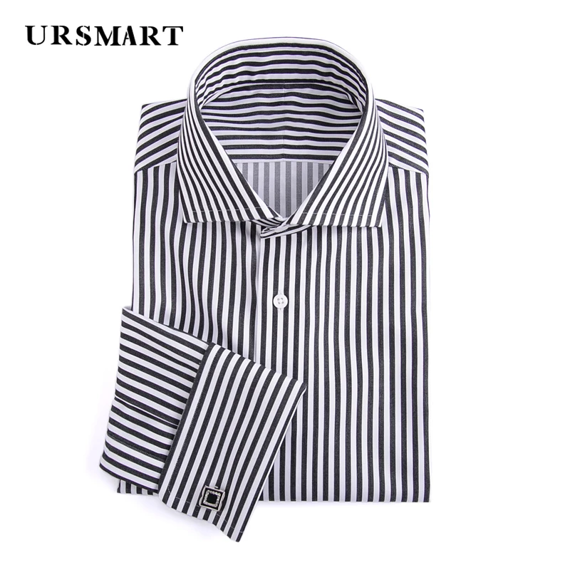 Men's Windsor Collar Long-Sleeved Shirt - Black and White Striped 100% Cotton Professional Custom Business Office Design