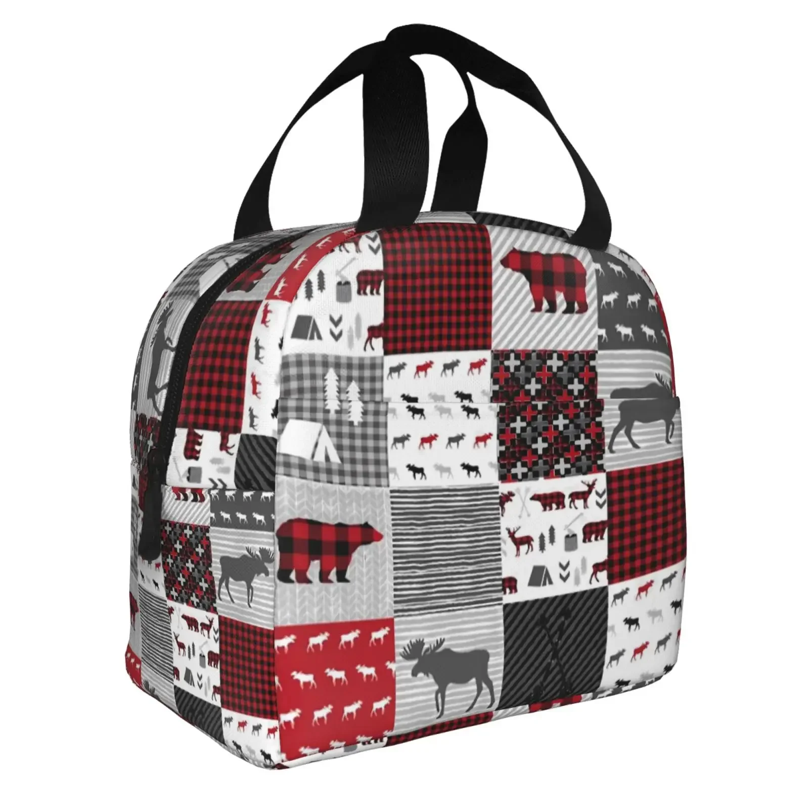 Bear Deer Checkered Pattern Lunch Bag For Girls Funny Lunch Box Fun Picnic Cooler Bag Portable Zipper Oxford Thermal Lunch Bags