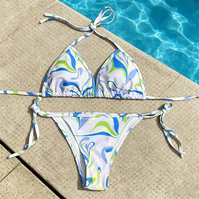 

Stripe Printed High Leg Cut Bikini Female Sexy Swimsuit Halter Neck Strap Push Up Thong Bikinis Sets Beachwear Two-pieces Bikini