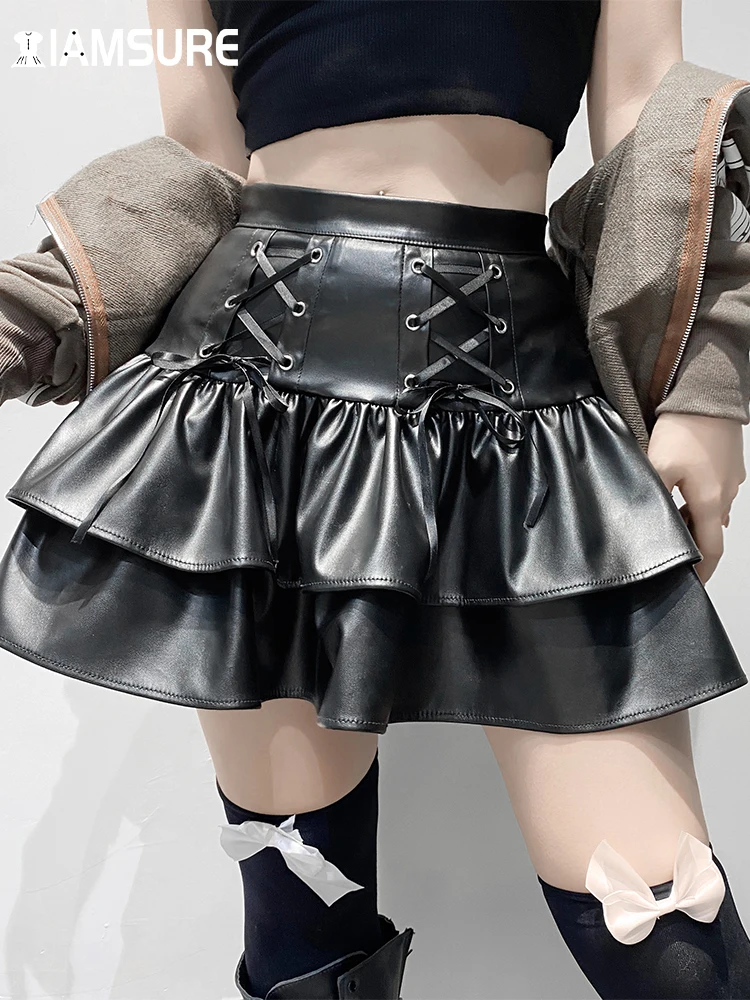 IAMSURE Gothic Bandage Pu Pleated Skirt Darl Black Leather High Waisted Mini Skirts Women 2021 Fashion Preppy Style Streetwear