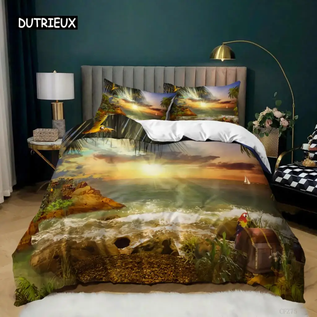 

Painting Duvet Cover Set King Size Beach Sunset Reef Natural Landscape Painted Bedding Set Natural Scenery Polyester Quilt Cover