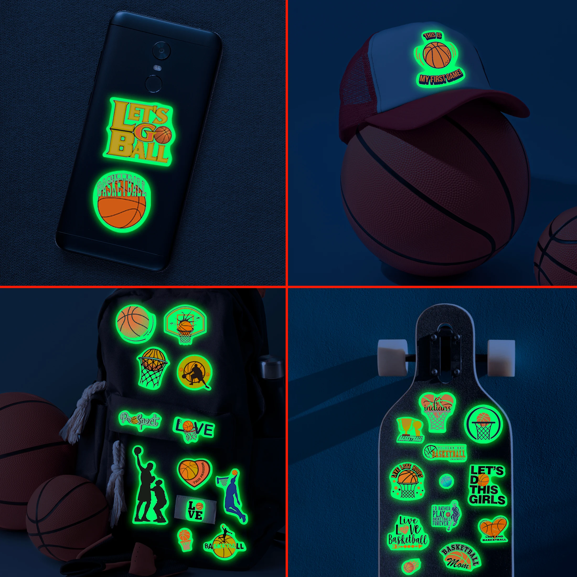 50pcs Glow In The Dark Basketball Stickers,Cute Basketball Gifts Sports Stickers Suitable Water Bottle For Children Teens Adults