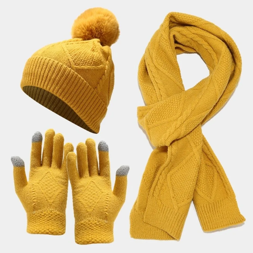 Yarmulke Elastic Scarf and Hat Set Touch Screen Warm Cold Proof Gloves Rhombus Patterned Solid Color Woolen Hat Daily