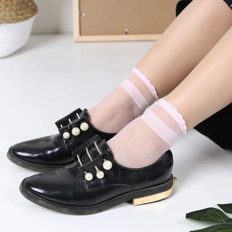 10Pairs Women Nylon Socks Set Floral Trim Tulle Sock Summer Ultra-thin Semi-Sheer Mid Tube Girls Sock Crystal Silk Ladies Sox