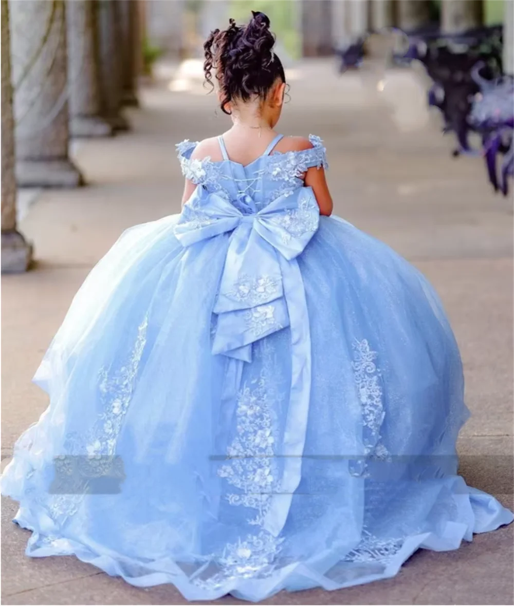 Luxury Light Blue ดอกไม้สําหรับงานแต่งงาน Applique Bow วันเกิดพรหมปาร์ตี้อย่างเป็นทางการ Communion Gown