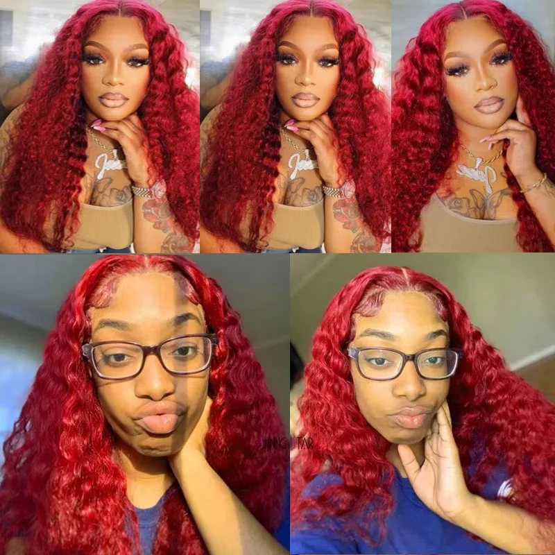 Perruque Lace Front Wig Deep Wave brésilienne naturelle, cheveux bouclés, rouge, 13x4, 13x6, HD, densité 250